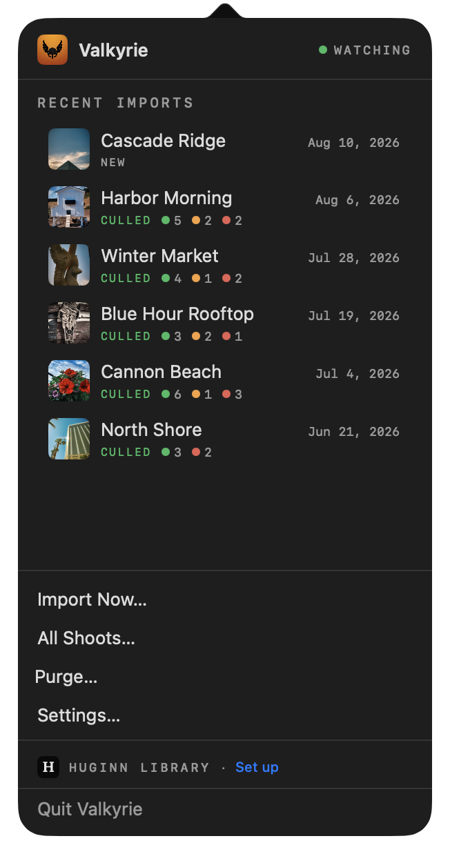 The menu bar popover, listing recent shoots.