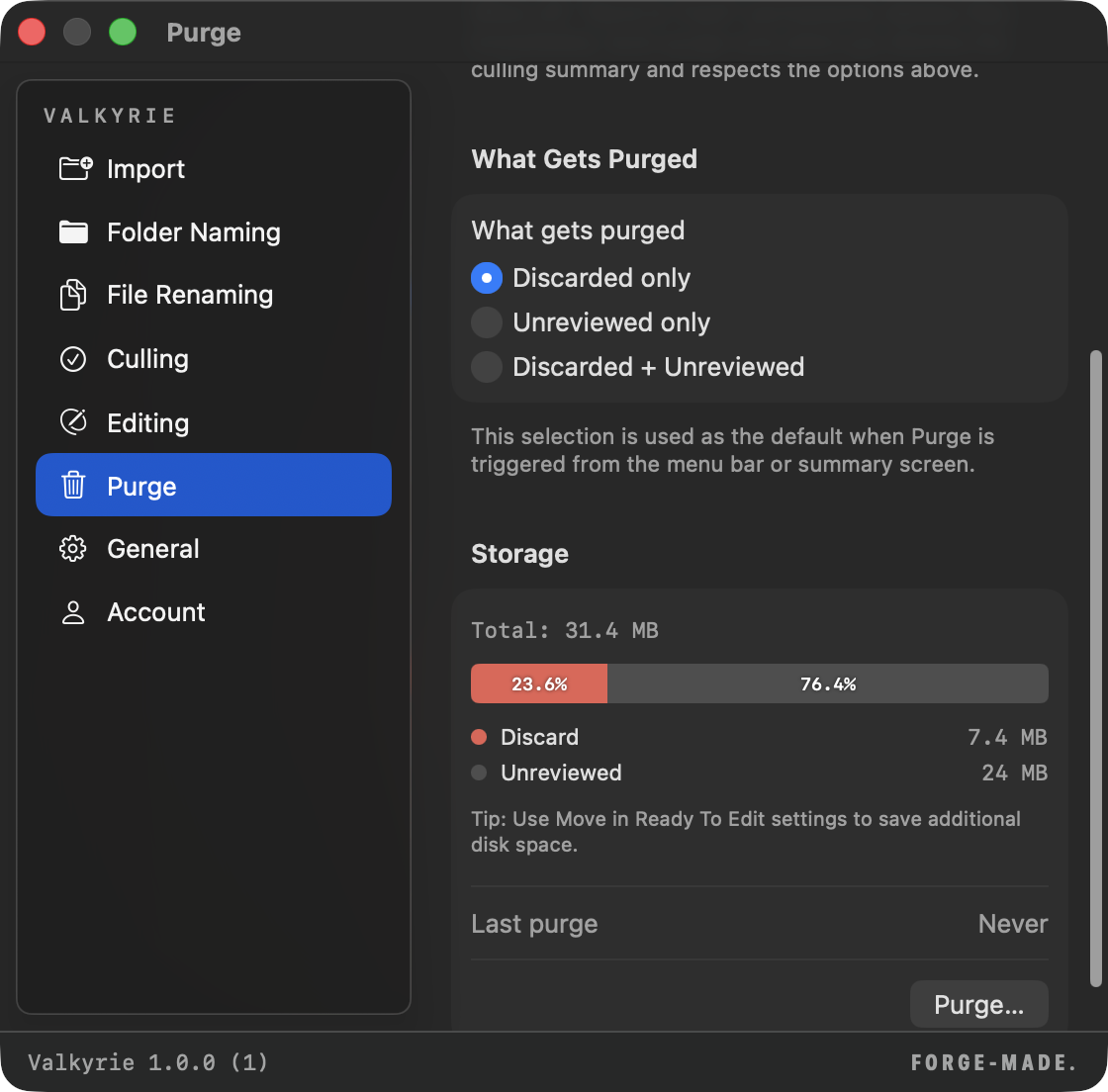The purge sheet and its storage breakdown.