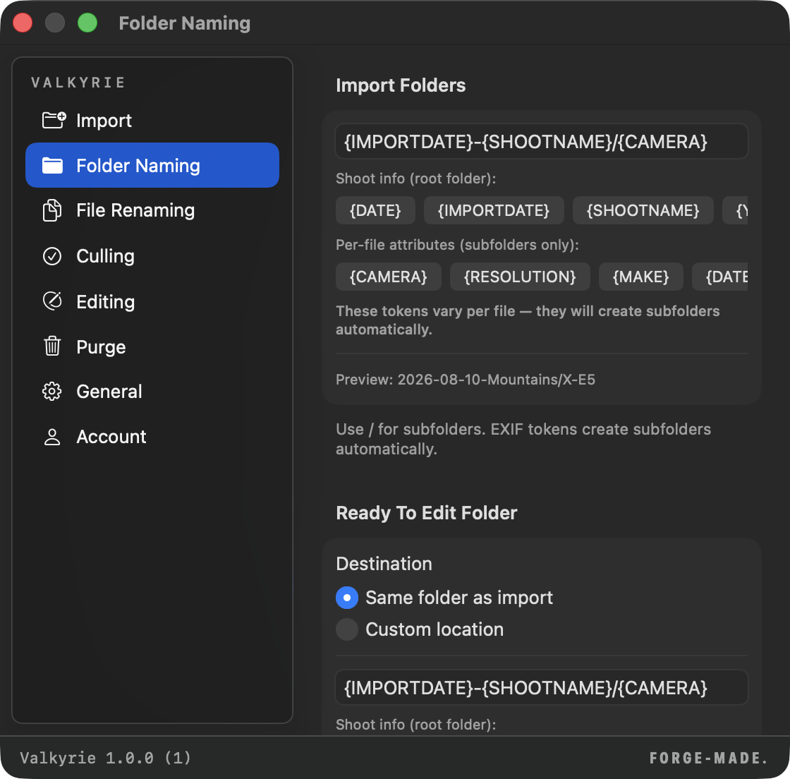 Folder naming settings with a live pattern preview.